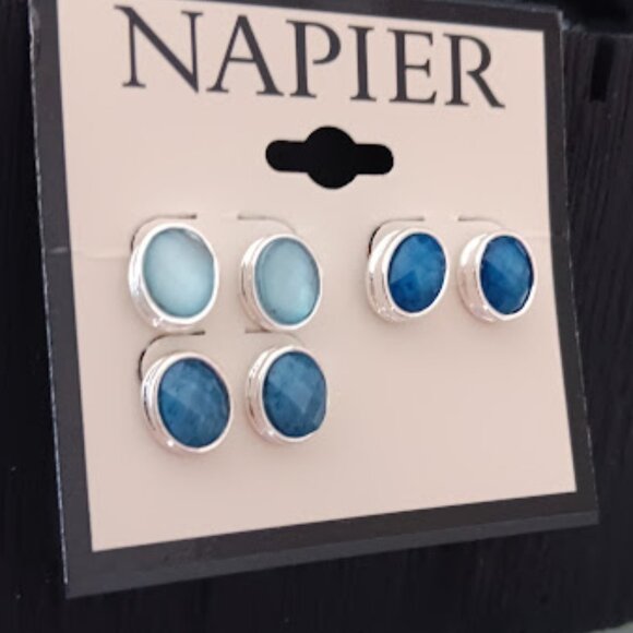 NAPIER 3pc SET Modern Blue/Sea Glass Faceted Stone Earrings**NEW! - Picture 2 of 2